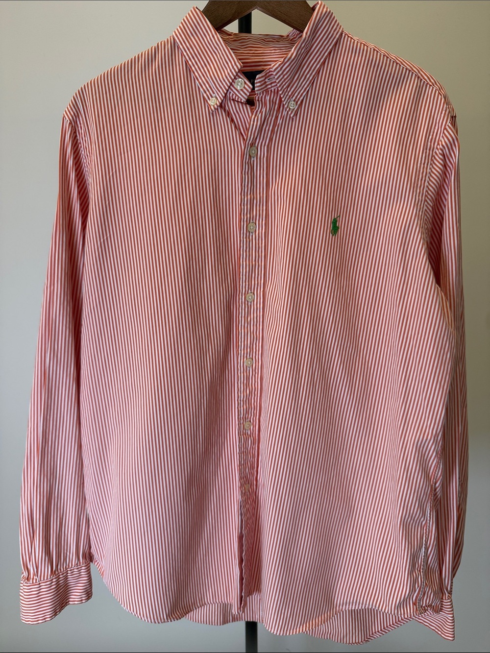 Ralph Lauren 100% Cotton Classic Fit Orange Green Pony Logo Button Down Shirt L